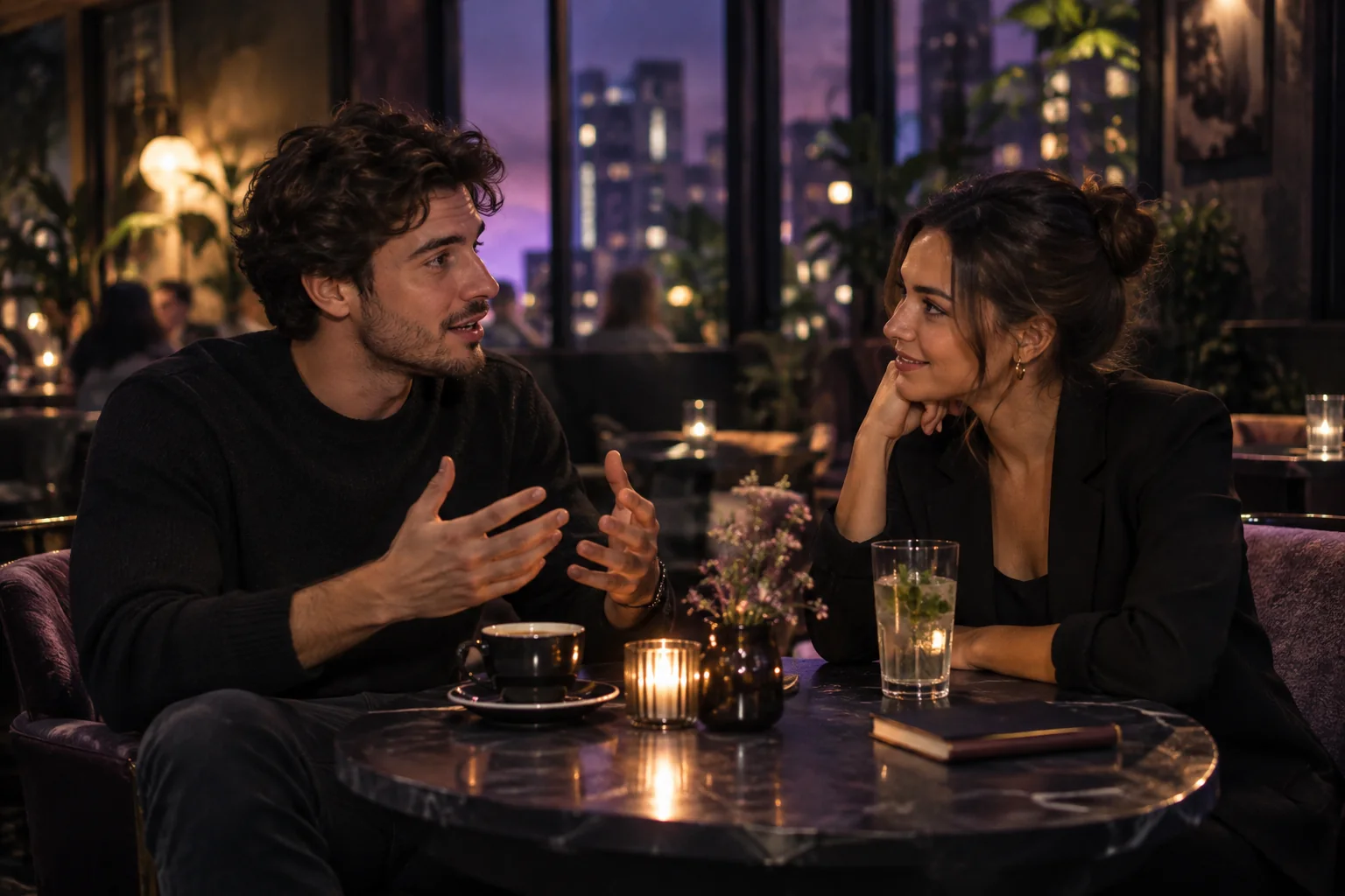 Duas pessoas conversando em um café
